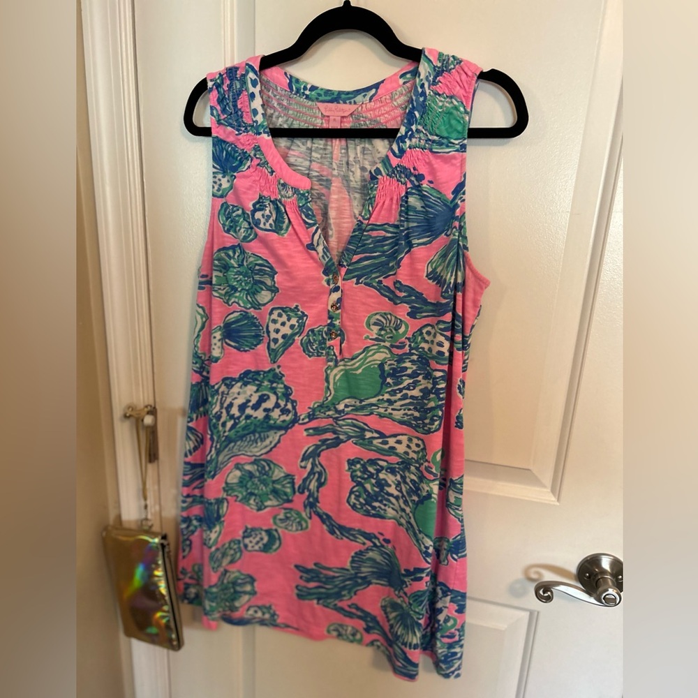 Lily Pulitzer XL 60%cotton model Essie dress PTP=24” length=34”smocked collar